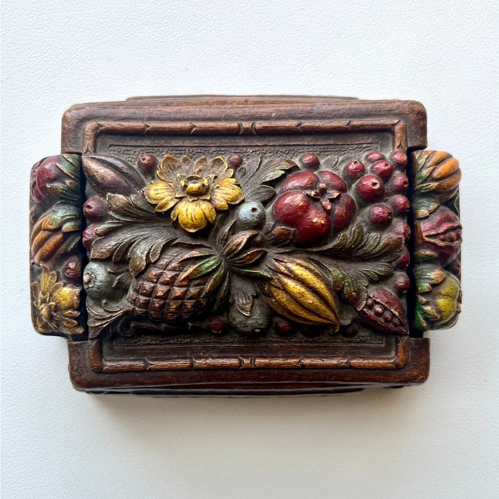 Vintage Cigarette Box, Colorful Syroco Box, Playing Cards Storage 1940s, Fruit